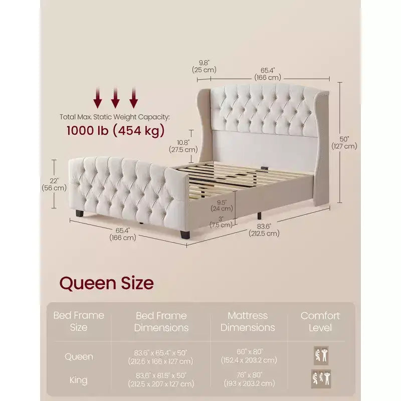 Queen Bed Frame with Tall Headboard, Upholstered Platform Bed Frame Queen Size, with Wingback Tufted Headboard, Cappuccino Beige