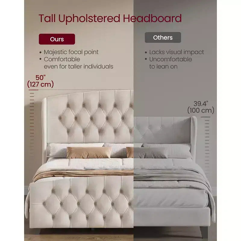 Queen Bed Frame with Tall Headboard, Upholstered Platform Bed Frame Queen Size, with Wingback Tufted Headboard, Cappuccino Beige