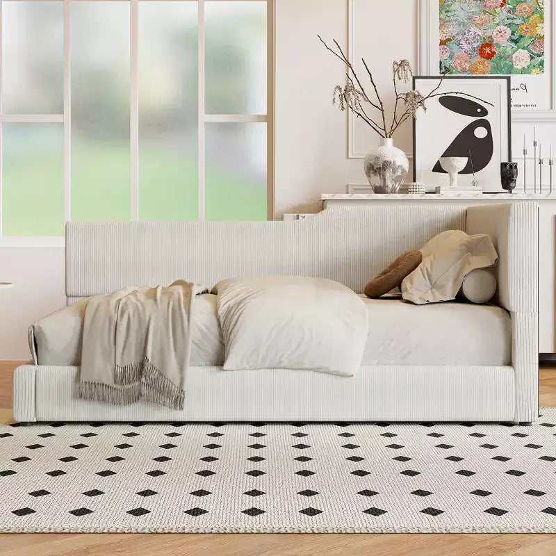 Twin/Full Size L-Shaped Corduroy Upholstered Daybed, 4D