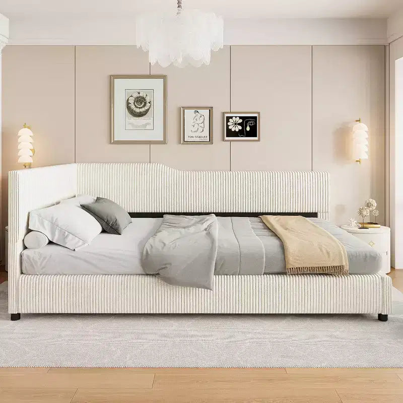 Twin/Full Size L-Shaped Corduroy Upholstered Daybed, 4D
