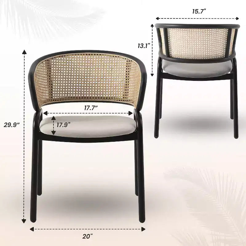 Set of 4 Wicker Back Dining Chairs with Leather Seat and Black Steel Frame, Modern Indoor Kitchen, Dining Room, Table Seating