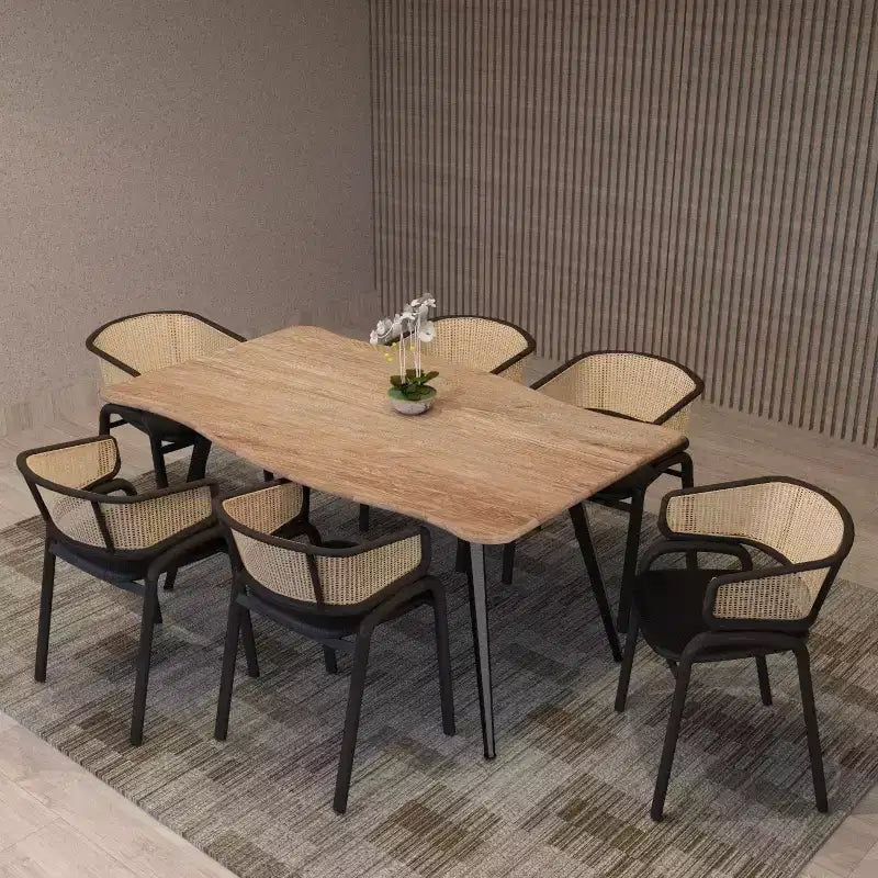 Set of 4 Wicker Back Dining Chairs with Leather Seat and Black Steel Frame, Modern Indoor Kitchen, Dining Room, Table Seating
