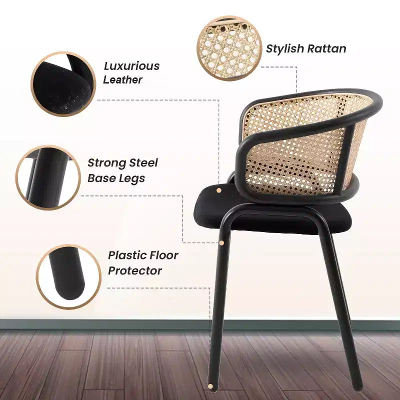 Set of 4 Wicker Back Dining Chairs with Leather Seat and Black Steel Frame, Modern Indoor Kitchen, Dining Room, Table Seating