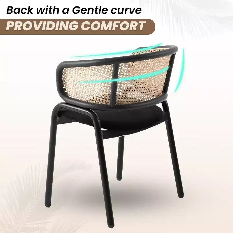 Set of 4 Wicker Back Dining Chairs with Leather Seat and Black Steel Frame, Modern Indoor Kitchen, Dining Room, Table Seating