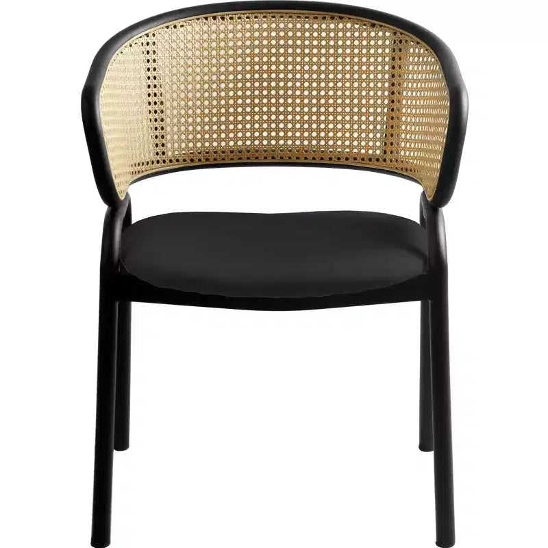 Set of 4 Wicker Back Dining Chairs with Leather Seat and Black Steel Frame, Modern Indoor Kitchen, Dining Room, Table Seating