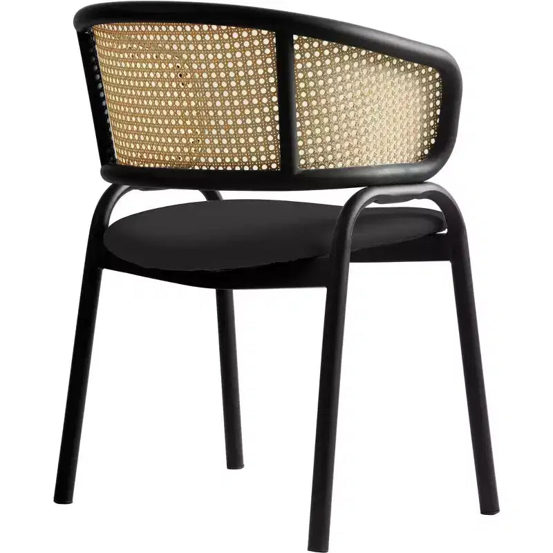 Set of 4 Wicker Back Dining Chairs with Leather Seat and Black Steel Frame, Modern Indoor Kitchen, Dining Room, Table Seating