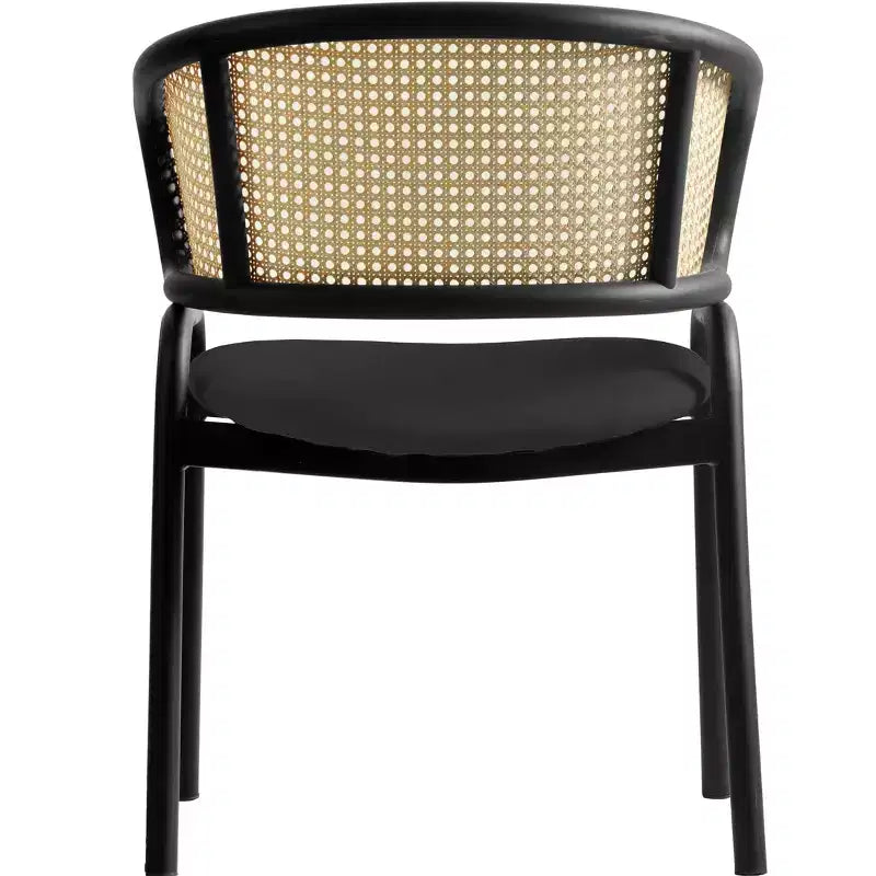 Set of 4 Wicker Back Dining Chairs with Leather Seat and Black Steel Frame, Modern Indoor Kitchen, Dining Room, Table Seating