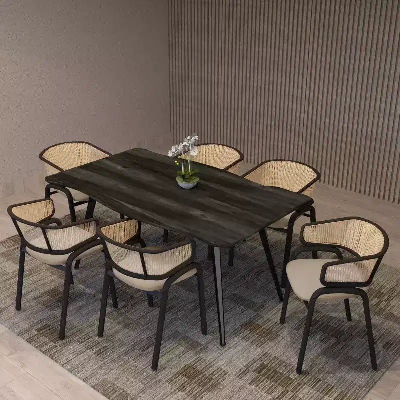 Set of 4 Wicker Back Dining Chairs with Leather Seat and Black Steel Frame, Modern Indoor Kitchen, Dining Room, Table Seating