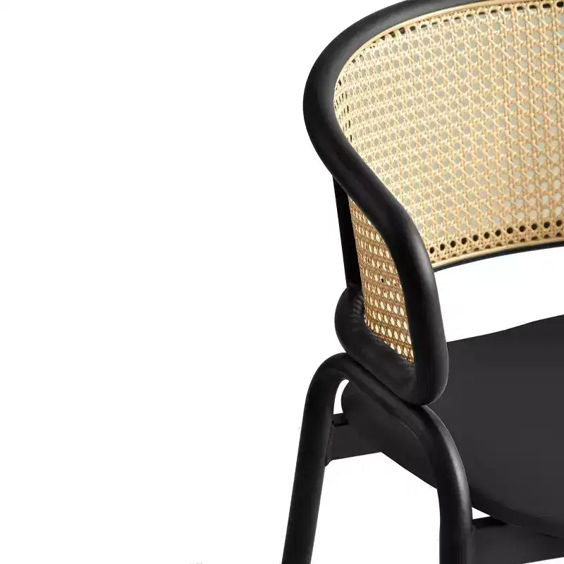 Set of 4 Wicker Back Dining Chairs with Leather Seat and Black Steel Frame, Modern Indoor Kitchen, Dining Room, Table Seating