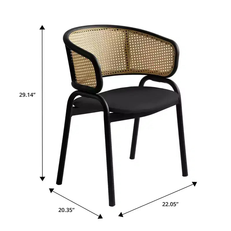 Set of 4 Wicker Back Dining Chairs with Leather Seat and Black Steel Frame, Modern Indoor Kitchen, Dining Room, Table Seating