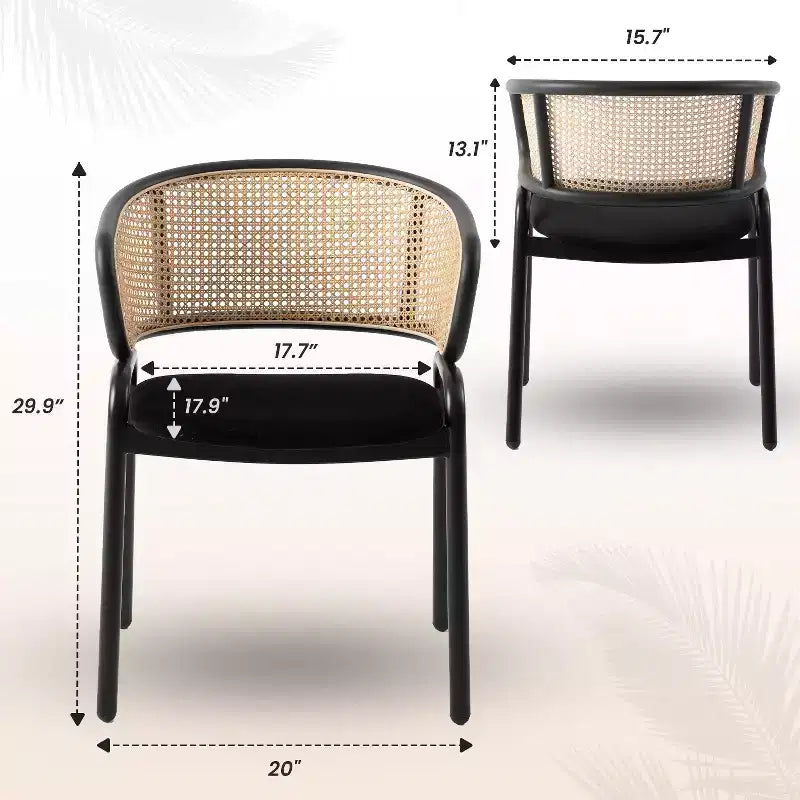 Set of 4 Wicker Back Dining Chairs with Leather Seat and Black Steel Frame, Modern Indoor Kitchen, Dining Room, Table Seating