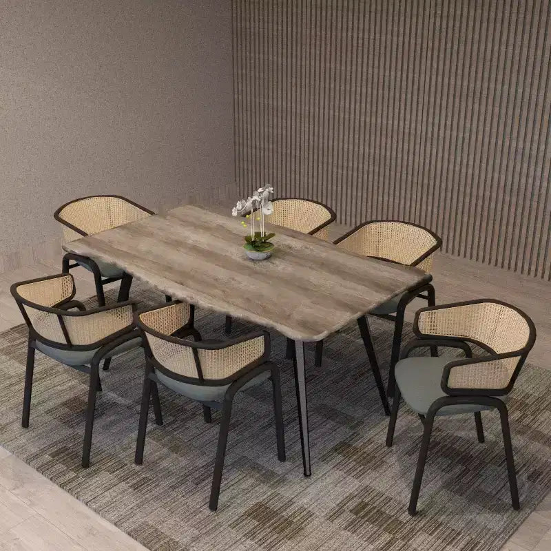 Set of 4 Wicker Back Dining Chairs with Leather Seat and Black Steel Frame, Modern Indoor Kitchen, Dining Room, Table Seating