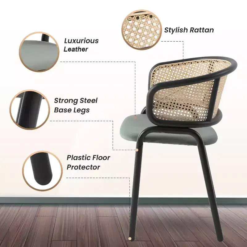 Set of 4 Wicker Back Dining Chairs with Leather Seat and Black Steel Frame, Modern Indoor Kitchen, Dining Room, Table Seating