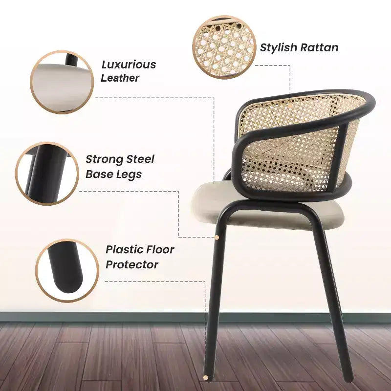 Set of 4 Wicker Back Dining Chairs with Leather Seat and Black Steel Frame, Modern Indoor Kitchen, Dining Room, Table Seating