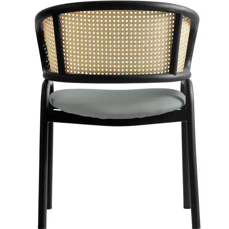 Set of 4 Wicker Back Dining Chairs with Leather Seat and Black Steel Frame, Modern Indoor Kitchen, Dining Room, Table Seating
