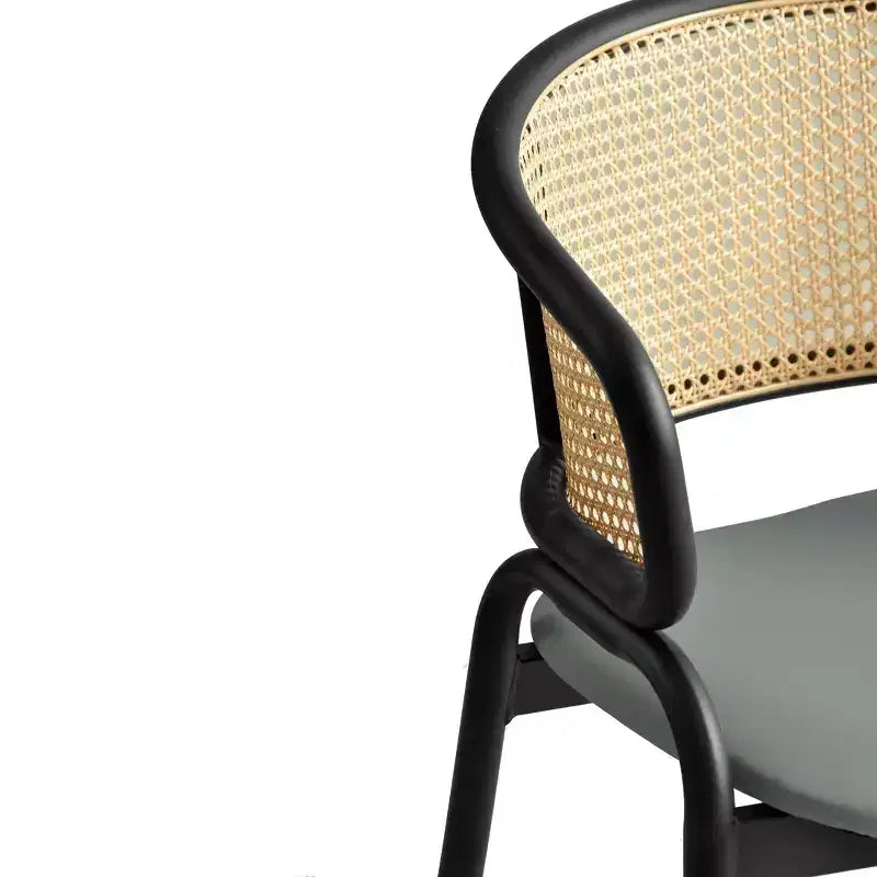 Set of 4 Wicker Back Dining Chairs with Leather Seat and Black Steel Frame, Modern Indoor Kitchen, Dining Room, Table Seating