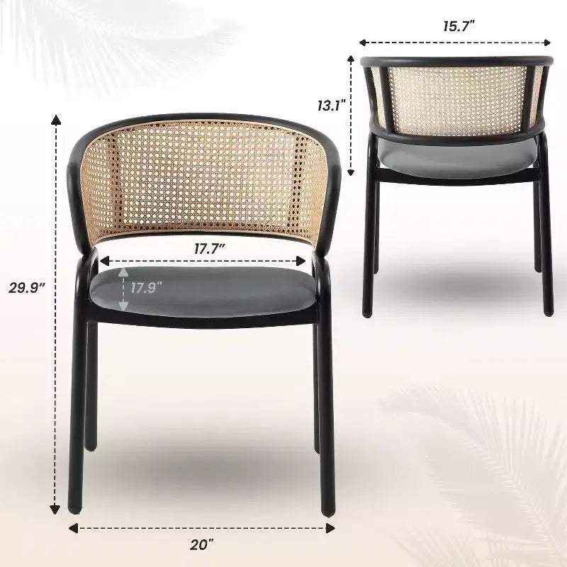 Set of 4 Wicker Back Dining Chairs with Leather Seat and Black Steel Frame, Modern Indoor Kitchen, Dining Room, Table Seating