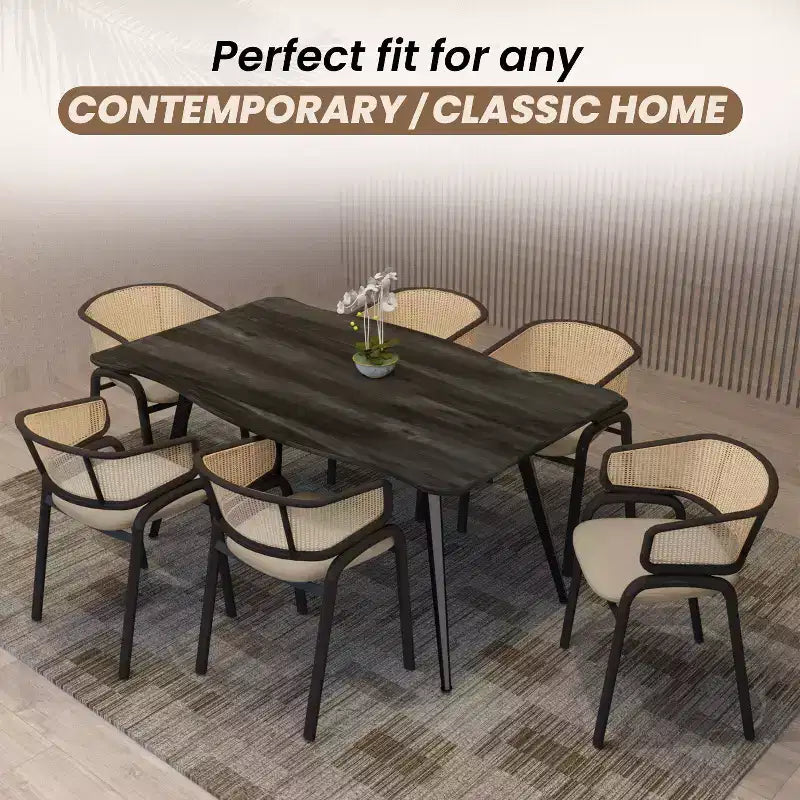 Set of 4 Wicker Back Dining Chairs with Leather Seat and Black Steel Frame, Modern Indoor Kitchen, Dining Room, Table Seating