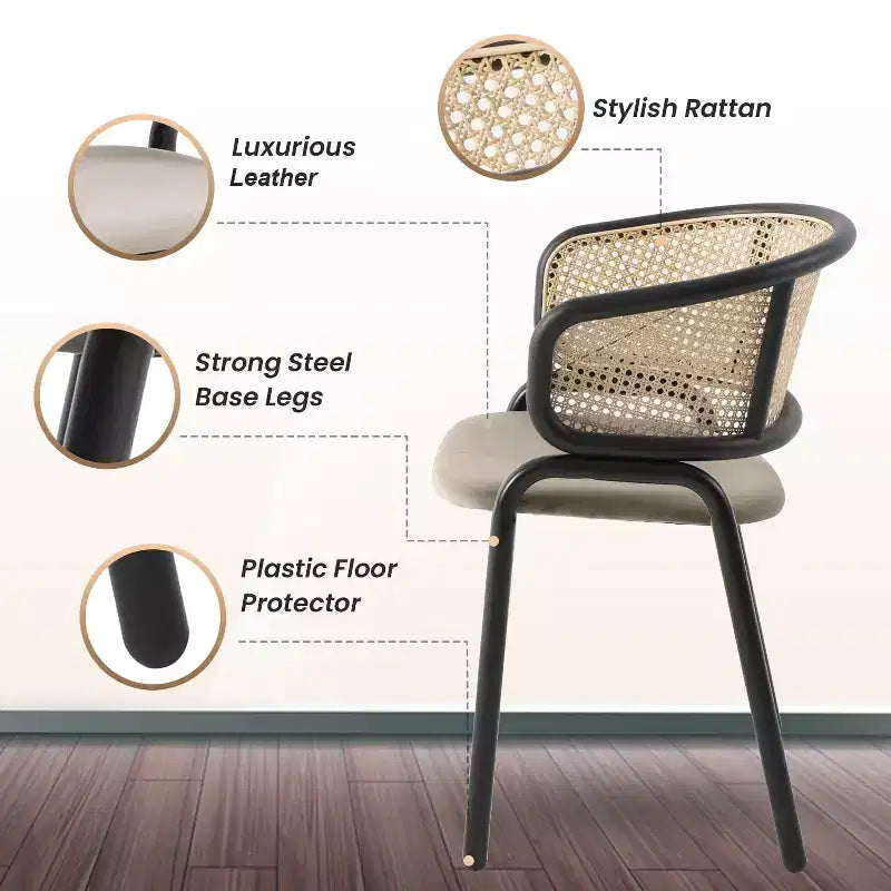 Set of 4 Wicker Back Dining Chairs with Leather Seat and Black Steel Frame, Modern Indoor Kitchen, Dining Room, Table Seating
