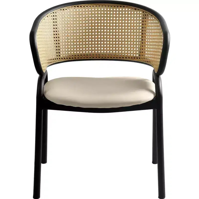 Set of 4 Wicker Back Dining Chairs with Leather Seat and Black Steel Frame, Modern Indoor Kitchen, Dining Room, Table Seating