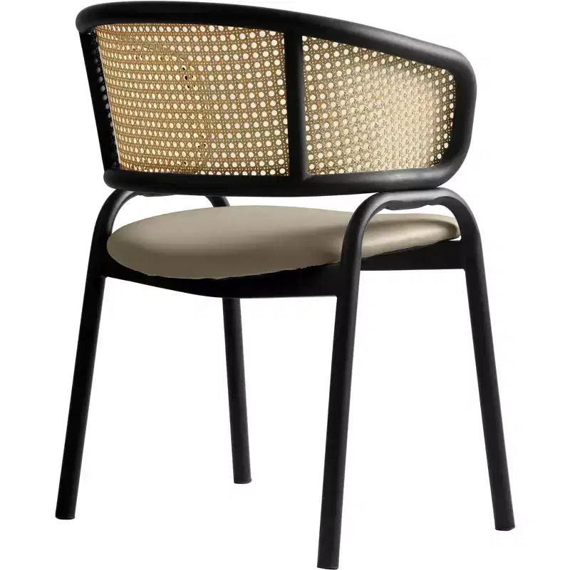 Set of 4 Wicker Back Dining Chairs with Leather Seat and Black Steel Frame, Modern Indoor Kitchen, Dining Room, Table Seating