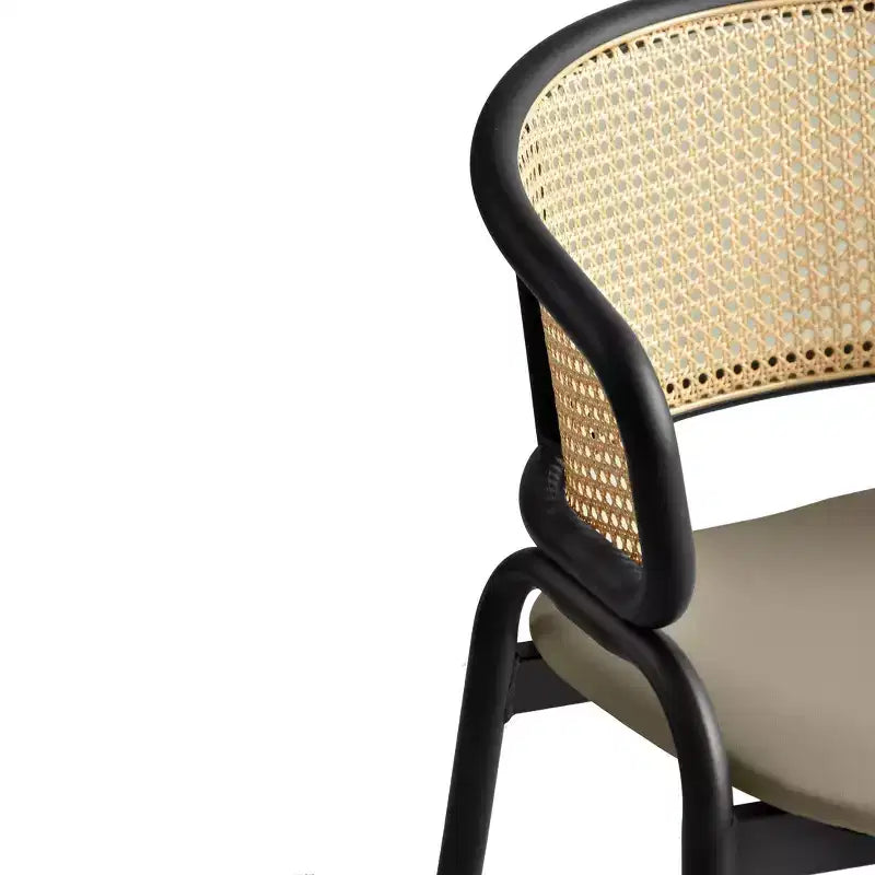 Set of 4 Wicker Back Dining Chairs with Leather Seat and Black Steel Frame, Modern Indoor Kitchen, Dining Room, Table Seating