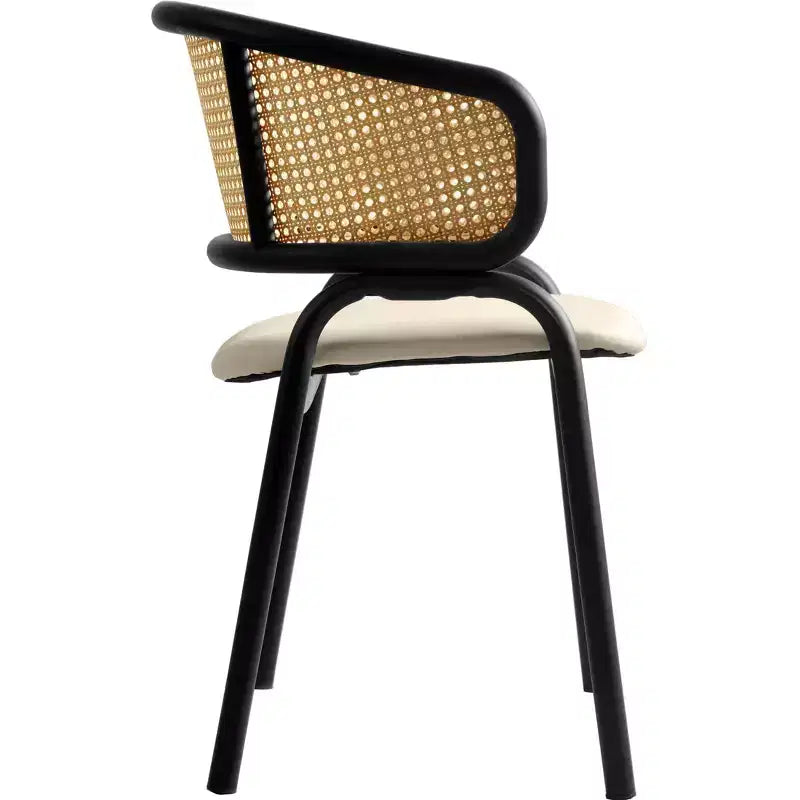 Set of 4 Wicker Back Dining Chairs with Leather Seat and Black Steel Frame, Modern Indoor Kitchen, Dining Room, Table Seating