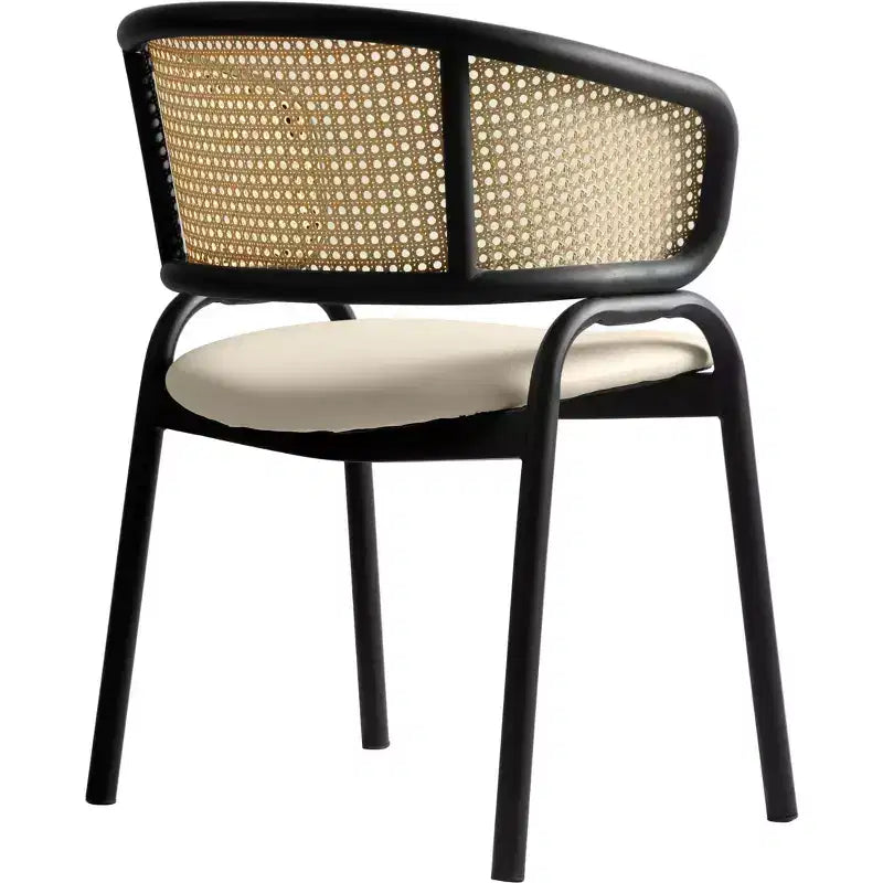 Set of 4 Wicker Back Dining Chairs with Leather Seat and Black Steel Frame, Modern Indoor Kitchen, Dining Room, Table Seating