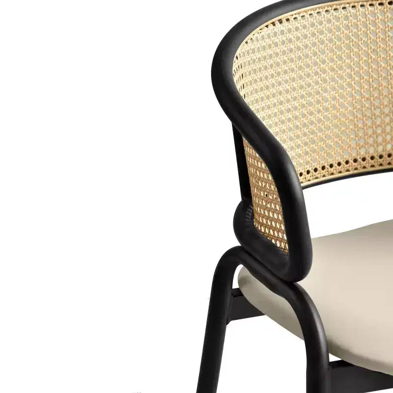 Set of 4 Wicker Back Dining Chairs with Leather Seat and Black Steel Frame, Modern Indoor Kitchen, Dining Room, Table Seating