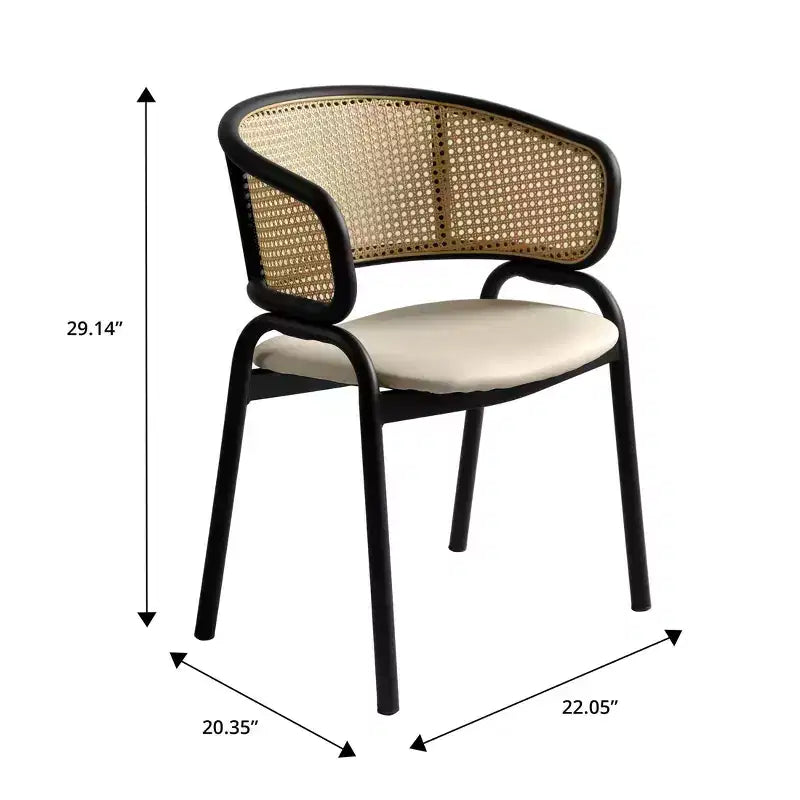 Set of 4 Wicker Back Dining Chairs with Leather Seat and Black Steel Frame, Modern Indoor Kitchen, Dining Room, Table Seating