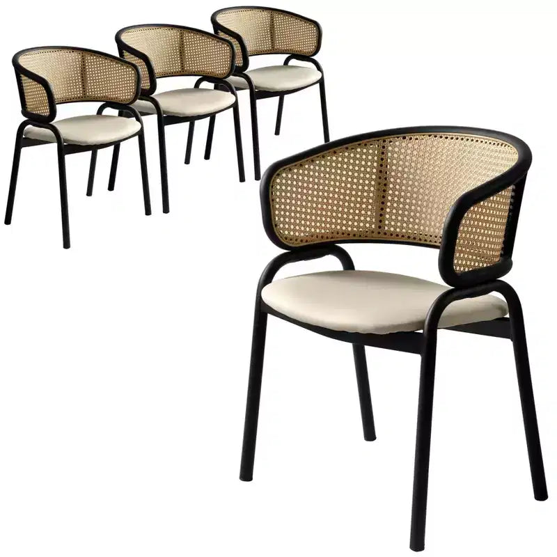 LeisureMod Ervilla Set of 4 Wicker Back Dining Chairs with Leather Seat and Black Steel Frame, Modern Indoor Kitchen, Dining Room, Table Seating
