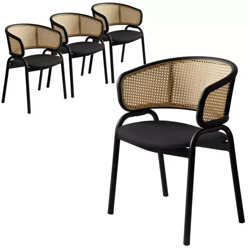 Set of 4 Wicker Back Dining Chairs with Leather Seat and Black Steel Frame, Modern Indoor Kitchen, Dining Room, Table Seating