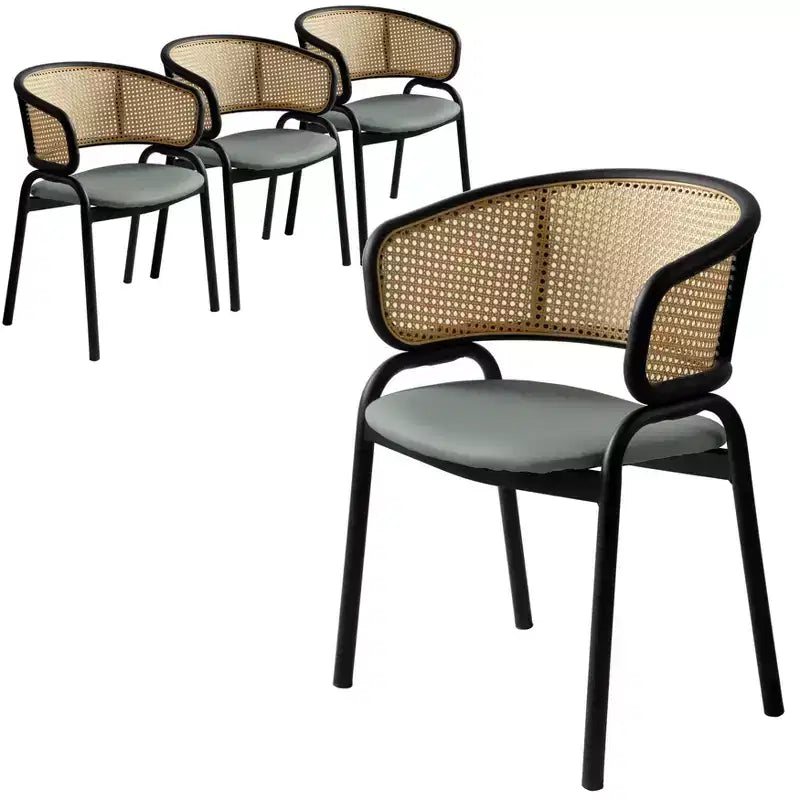 Set of 4 Wicker Back Dining Chairs with Leather Seat and Black Steel Frame, Modern Indoor Kitchen, Dining Room, Table Seating
