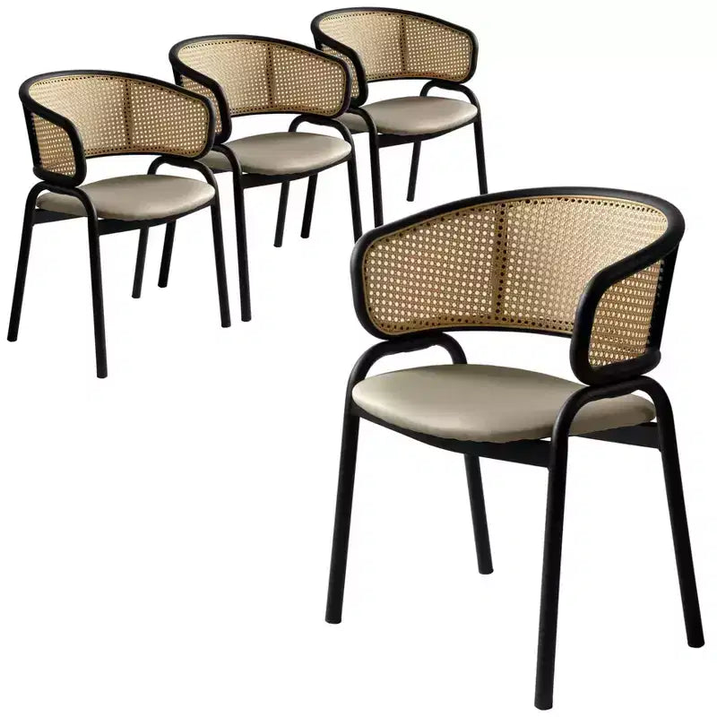 Set of 4 Wicker Back Dining Chairs with Leather Seat and Black Steel Frame, Modern Indoor Kitchen, Dining Room, Table Seating