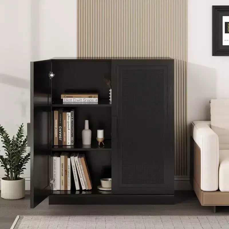 PexFix 36x31x16 Rattan Wood Accent Cabinet with Adjustable Shelf Storage Cabinet Black