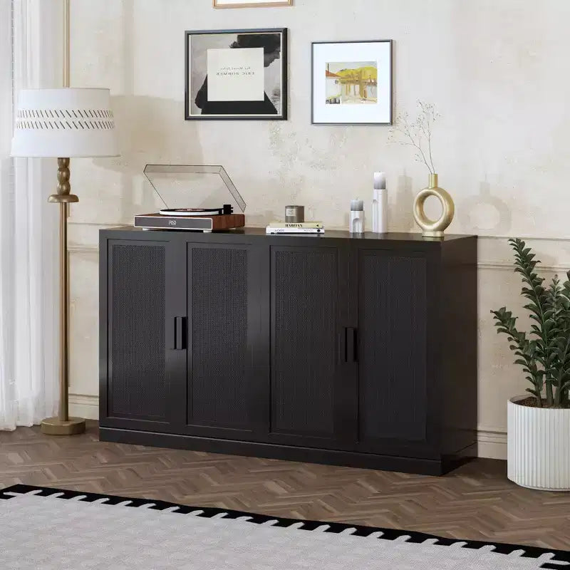 36x31x16 Rattan Wood Accent Cabinet with Adjustable Shelf Storage Cabinet, Black