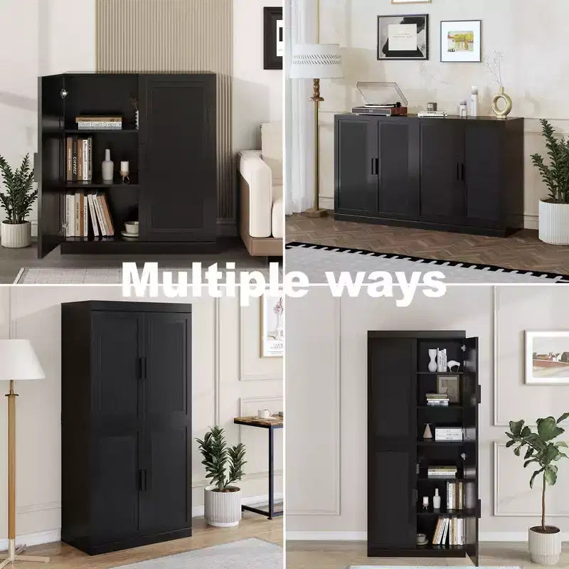 36x31x16 Rattan Wood Accent Cabinet with Adjustable Shelf Storage Cabinet, Black