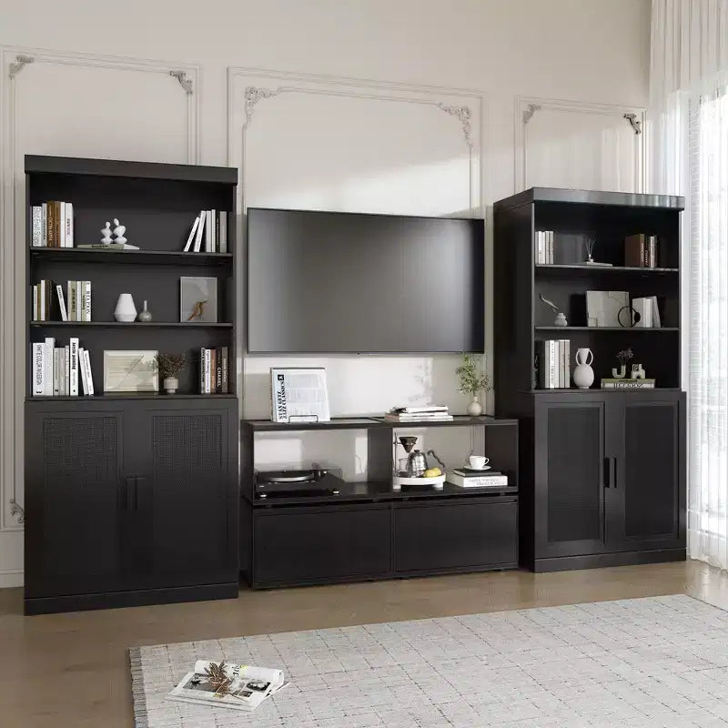 36x31x16 Rattan Wood Accent Cabinet with Adjustable Shelf Storage Cabinet, Black