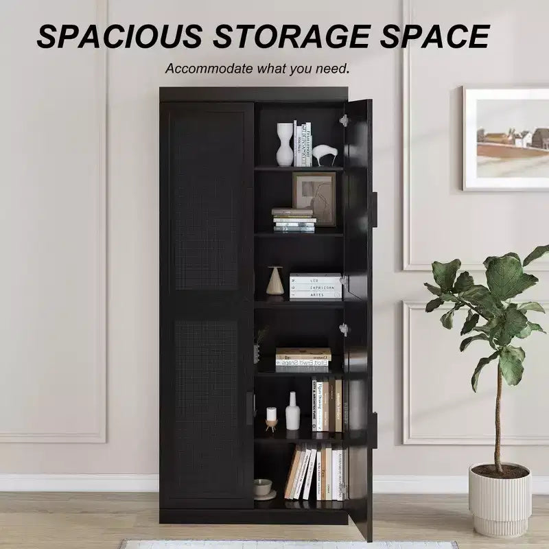 36x31x16 Rattan Wood Accent Cabinet with Adjustable Shelf Storage Cabinet, Black