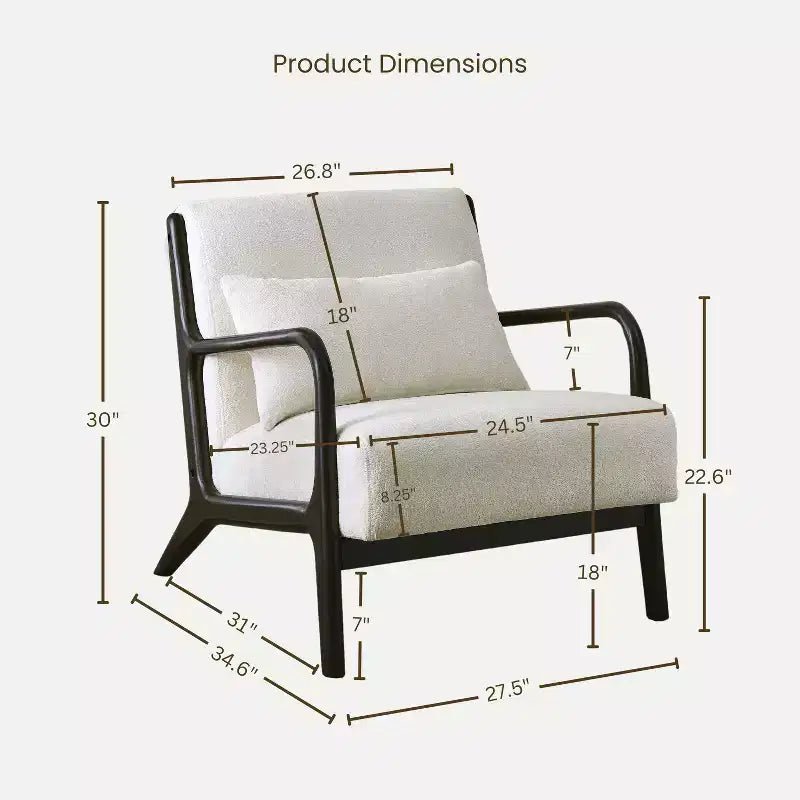 Mid-Century Modern Accent Chair with Removable Lumbar Pillow - 8.25" Cushion, 105° Recline, Chenille Upholstery, Solid Wood Legs