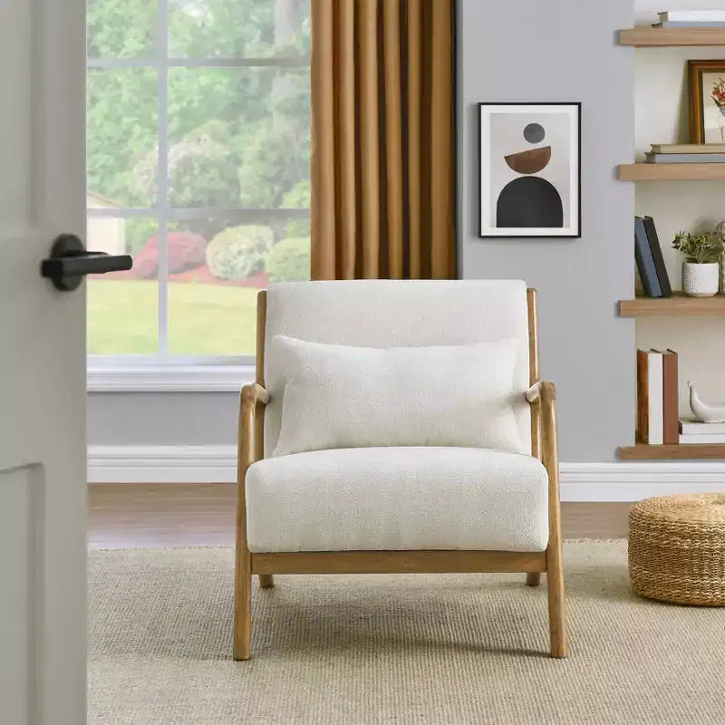 Mid-Century Modern Accent Chair with Removable Lumbar Pillow - 8.25" Cushion, 105° Recline, Chenille Upholstery, Solid Wood Legs
