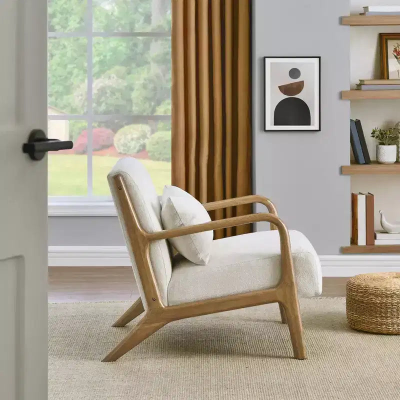 Mid-Century Modern Accent Chair with Removable Lumbar Pillow - 8.25" Cushion, 105° Recline, Chenille Upholstery, Solid Wood Legs