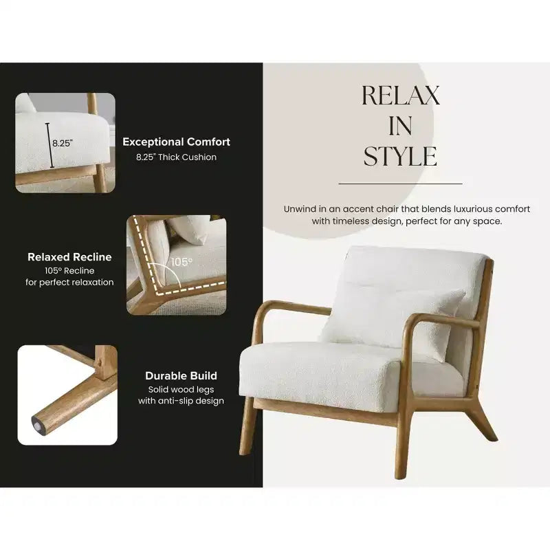 Mid-Century Modern Accent Chair with Removable Lumbar Pillow - 8.25" Cushion, 105° Recline, Chenille Upholstery, Solid Wood Legs