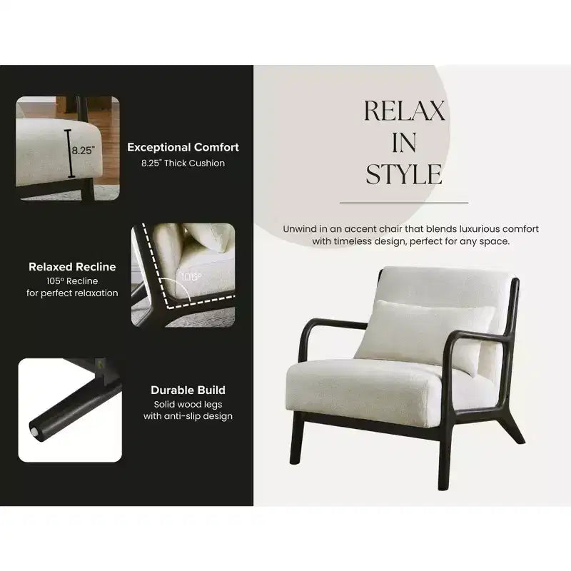 Mid-Century Modern Accent Chair with Removable Lumbar Pillow - 8.25" Cushion, 105° Recline, Chenille Upholstery, Solid Wood Legs