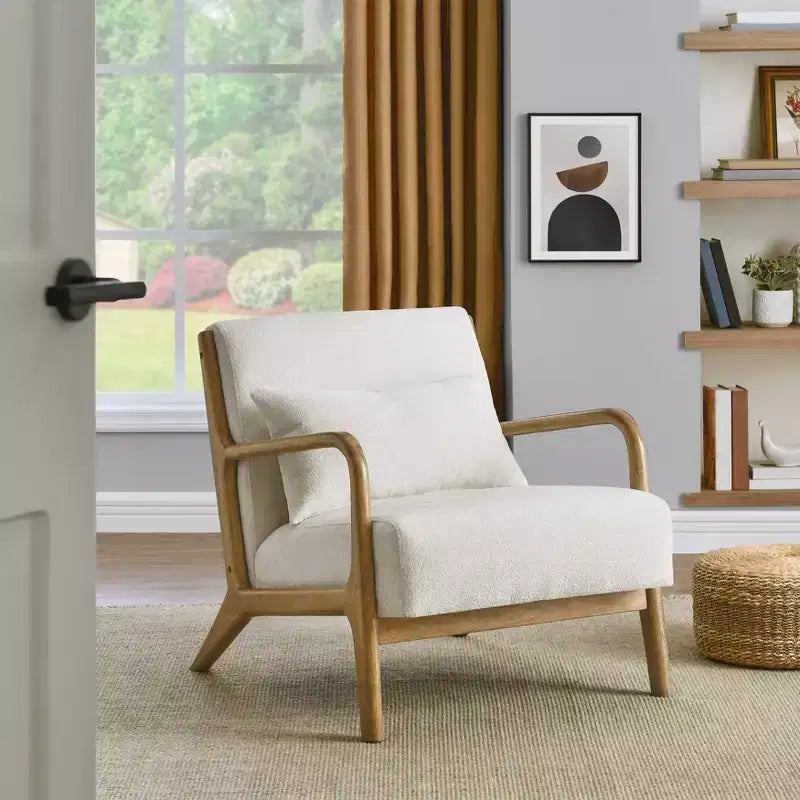 Mid-Century Modern Accent Chair with Removable Lumbar Pillow - 8.25" Cushion, 105° Recline, Chenille Upholstery, Solid Wood Legs