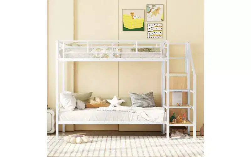 Twin-Over-Twin Metal Bunk Bed featuring Side Storage Steps and Integrated Wardrobe