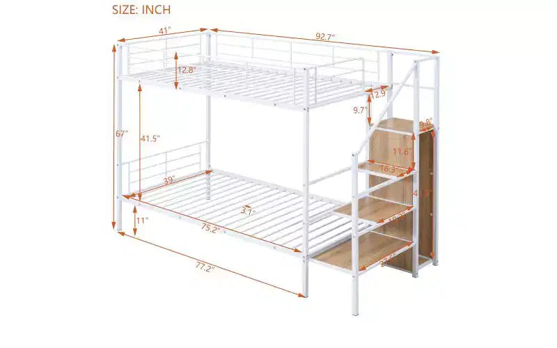 Twin-Over-Twin Metal Bunk Bed featuring Side Storage Steps and Integrated Wardrobe