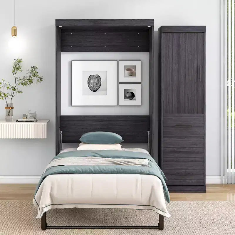 Wood Murphy Bed with Wardrobe and Drawers