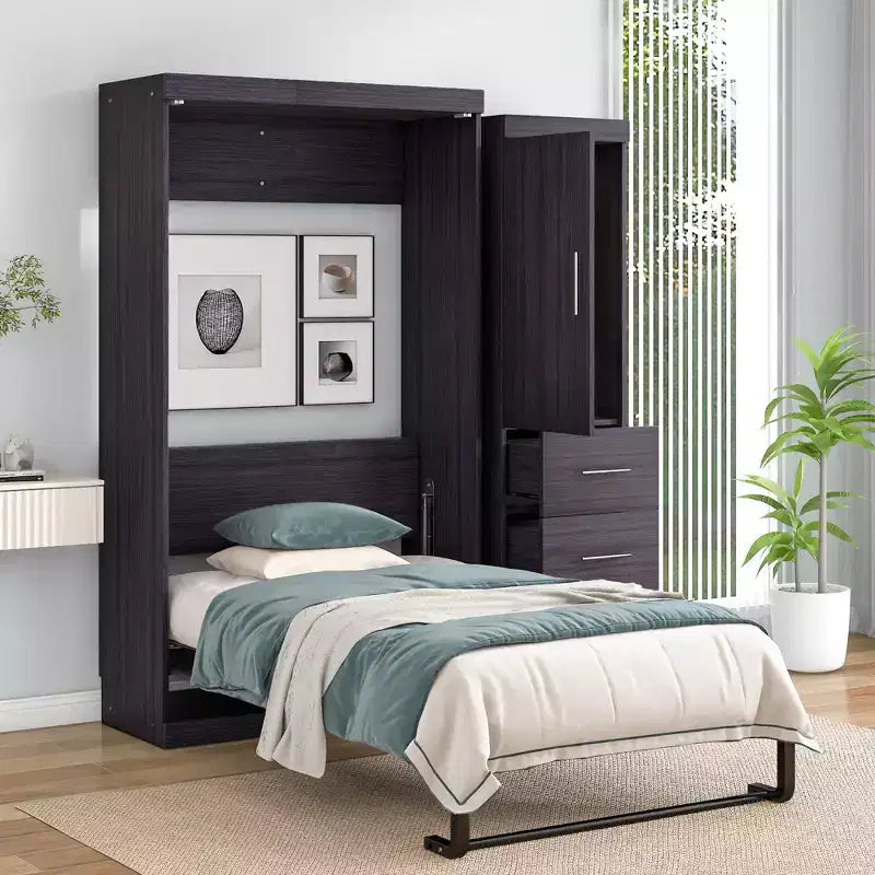 Wood Murphy Bed with Wardrobe and Drawers