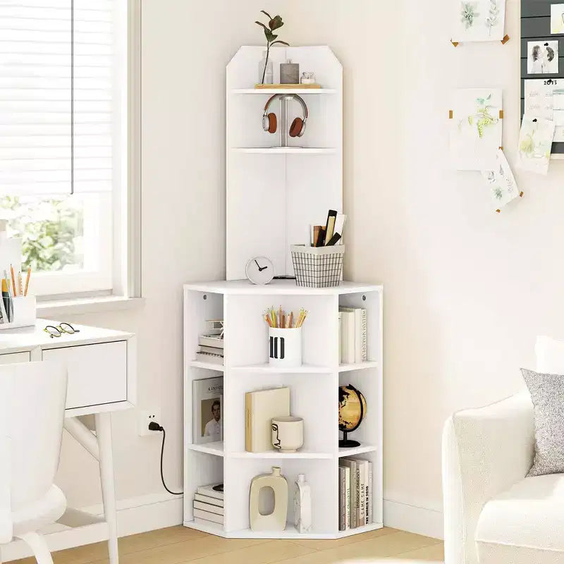 6-Tier Corner Shelf 63" Tall Corner Bookshelf with 2 USB Ports & Charging Station Brown/White